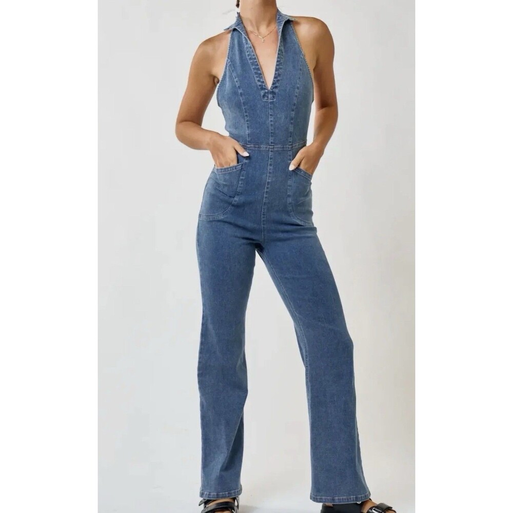 Free People We The Free “Sweet Thing” Flared Denim Halter Jumpsuit Sz 0